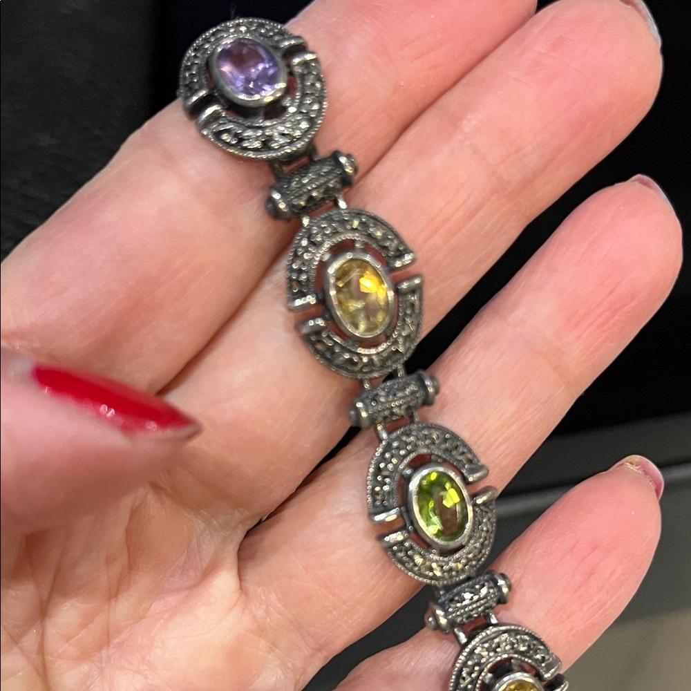 Rare Vintage SS Marcasite Bracelet w/mult-colored natural stones - gorgeous!